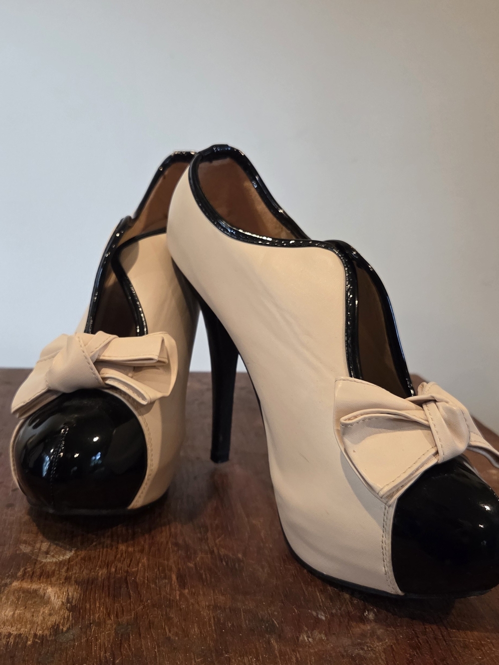 Two-Tone Cream and Black Bow Platform Heels